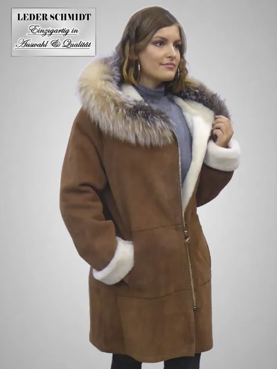 Damen Lammfelljacke mit Kapuze und Silberfuchs