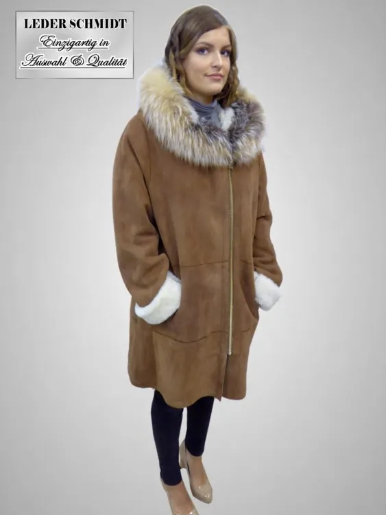 Damen Lammfelljacke mit Kapuze und Silberfuchs