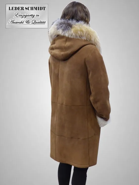 Damen Lammfelljacke mit Kapuze und Silberfuchs