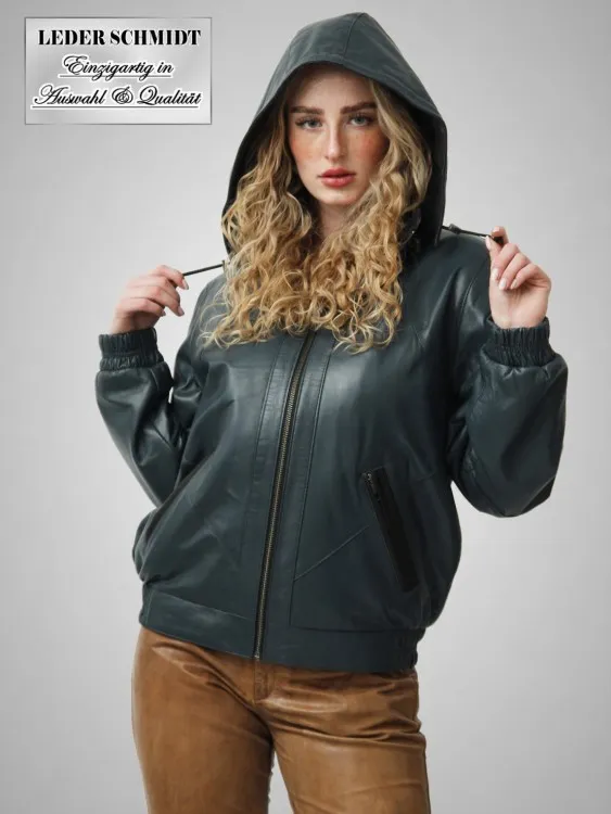 Damen Leder Blouson mit abnehmbarer Kapuze