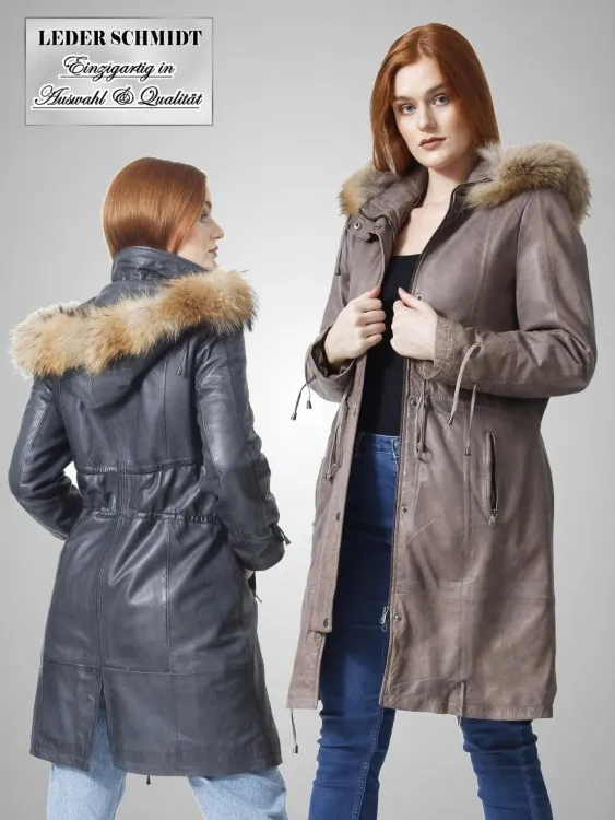 Damen Lederparka mit Kapuze