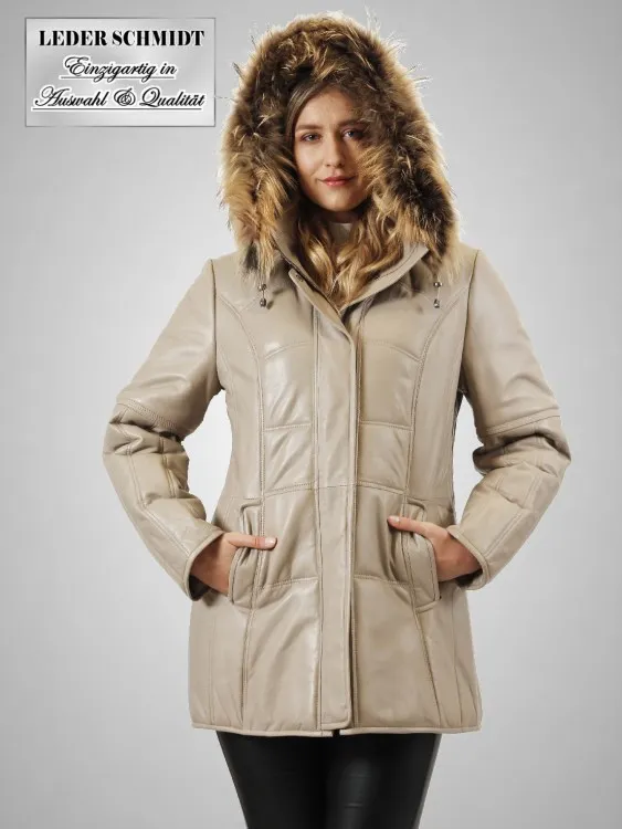 gesteppter Damen Lederparka mit abnehmbarer Kapuze