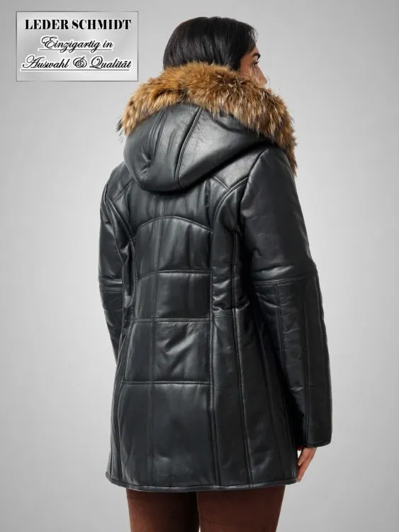 gesteppter Damen Lederparka mit abnehmbarer Kapuze