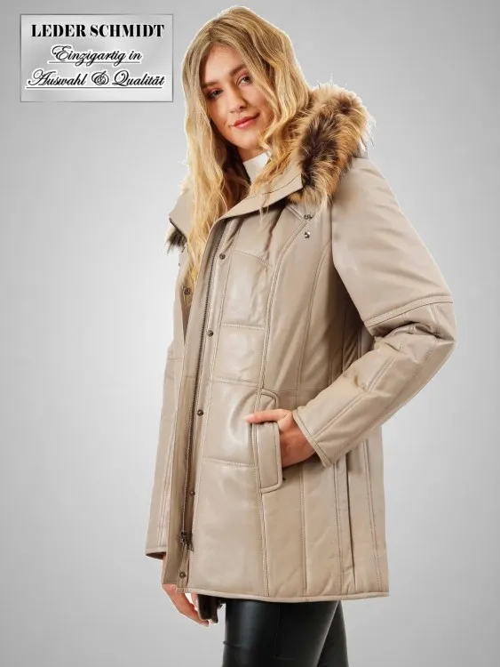 gesteppter Damen Lederparka mit abnehmbarer Kapuze