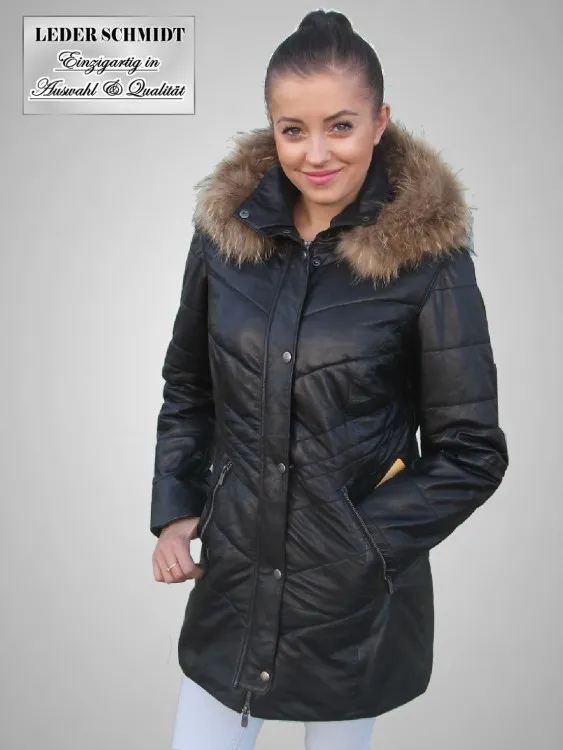 gesteppter Damen Lederparka mit Kapuze und Fell