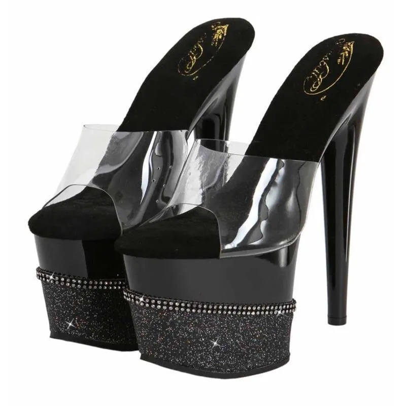 Glitzer Gogo Plateau-Mules High Heels mit Strass Klar-Schwarz