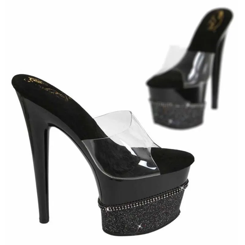 Glitzer Gogo Plateau-Mules High Heels mit Strass Klar-Schwarz