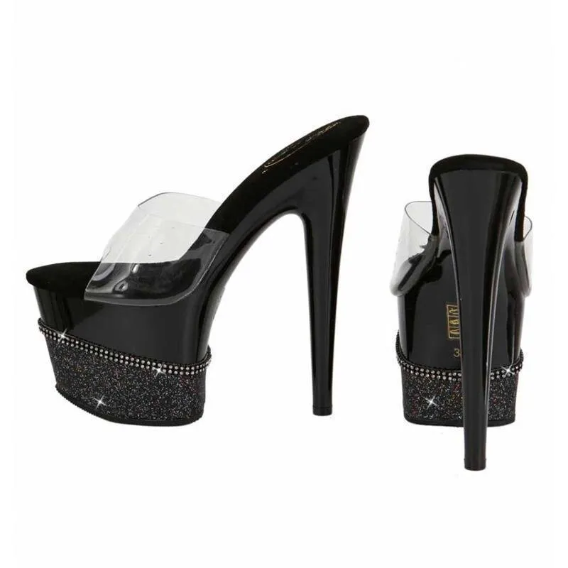 Glitzer Gogo Plateau-Mules High Heels mit Strass Klar-Schwarz