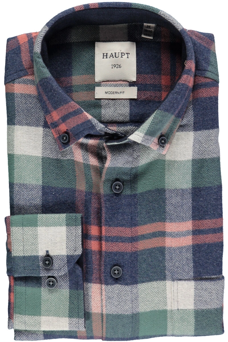 HAUPT Flanell Hemd blau kariert Modern Fit Langarm Button-Down