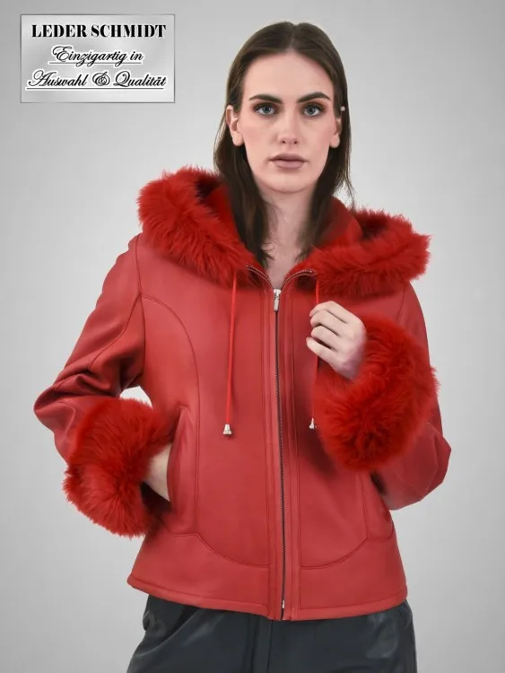 kurze Damen Lammfelljacke mit Kapuze in rot