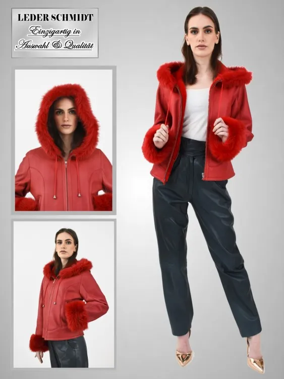 kurze Damen Lammfelljacke mit Kapuze in rot