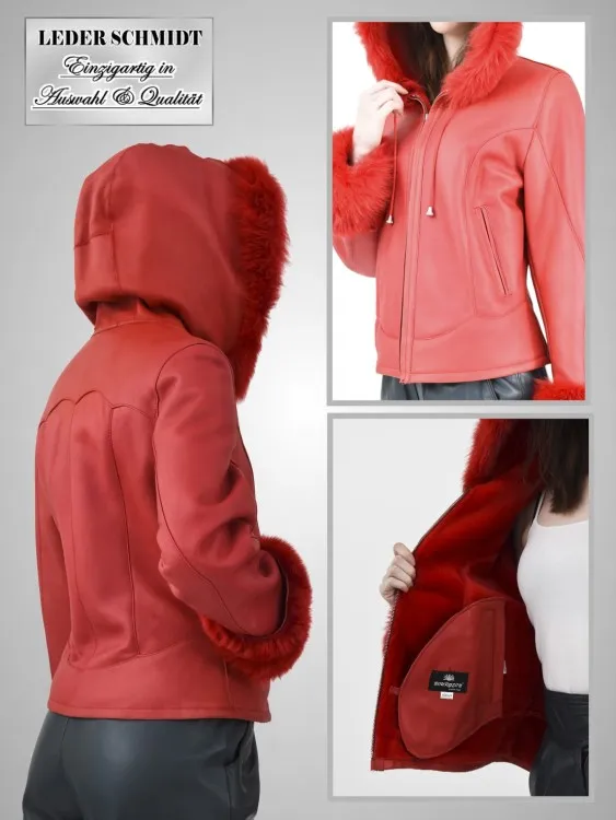 kurze Damen Lammfelljacke mit Kapuze in rot