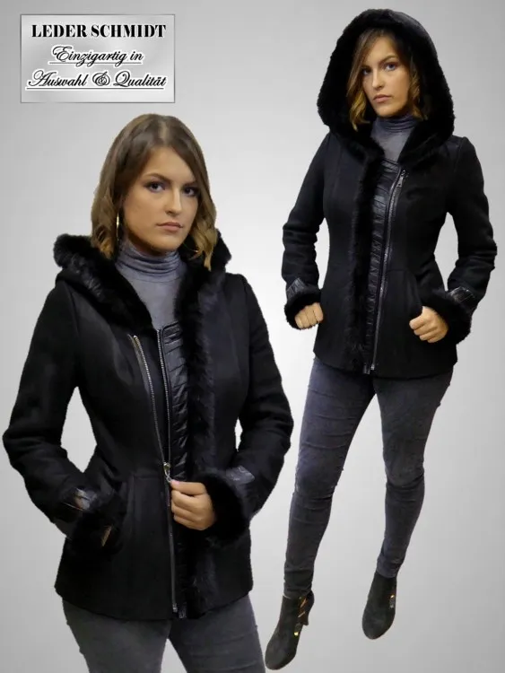 kurze Damen Lammfelljacke mit Kapuze