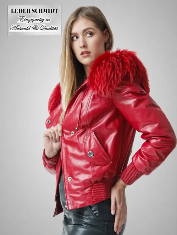 kurzer roter Damen Lederblouson mit Kapuze