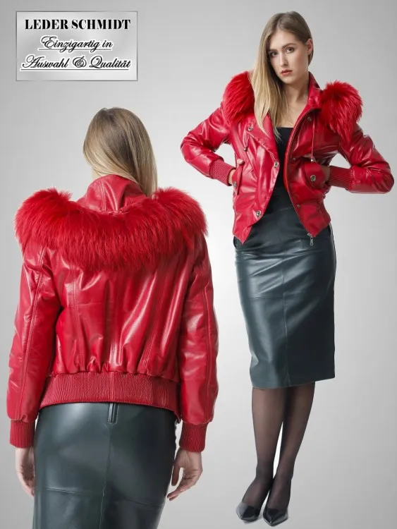 kurzer roter Damen Lederblouson mit Kapuze