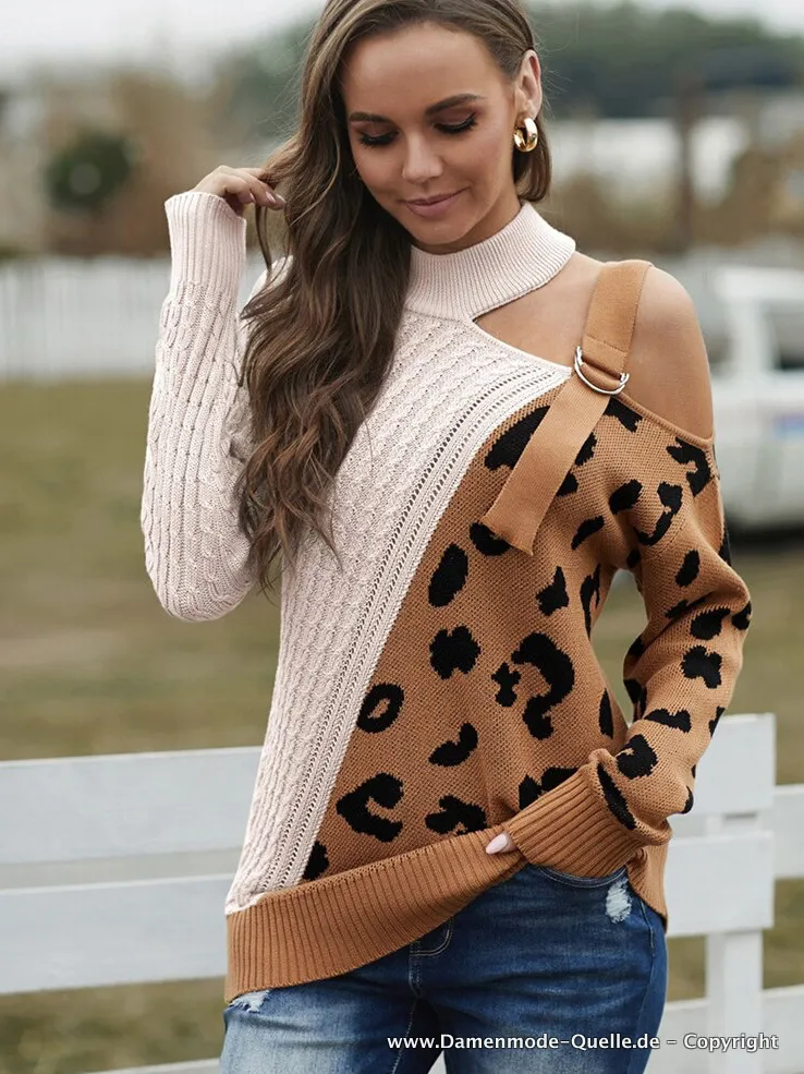 Langarm Cut Out Schulter Strickpullover 2023 mit Leopard Print Beige Creme