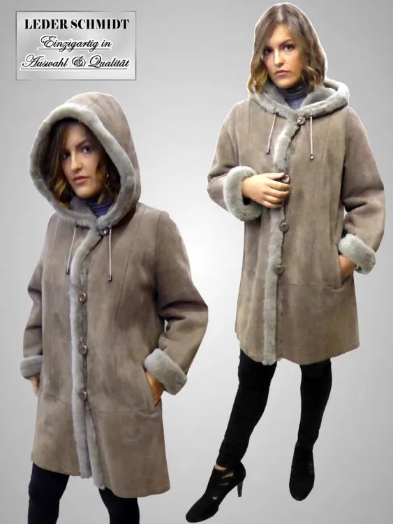 lange Damen Lammfelljacke mit Kapuze