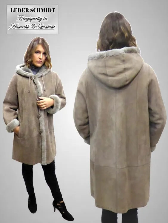 lange Damen Lammfelljacke mit Kapuze