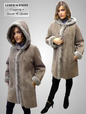 lange Damen Lammfelljacke mit Kapuze