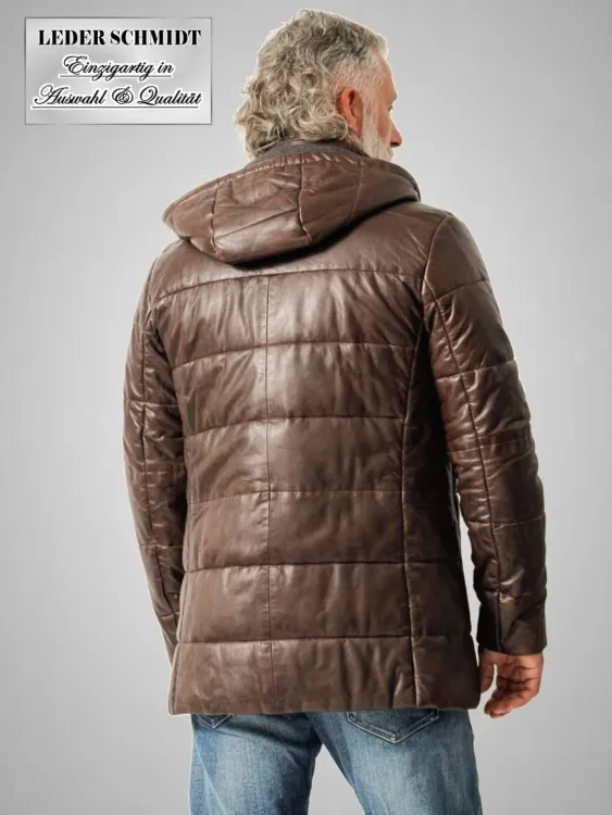 Lange Herrenlederjacke mit Kapuze