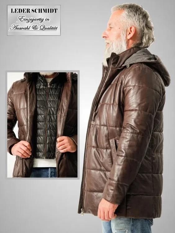 Lange Herrenlederjacke mit Kapuze