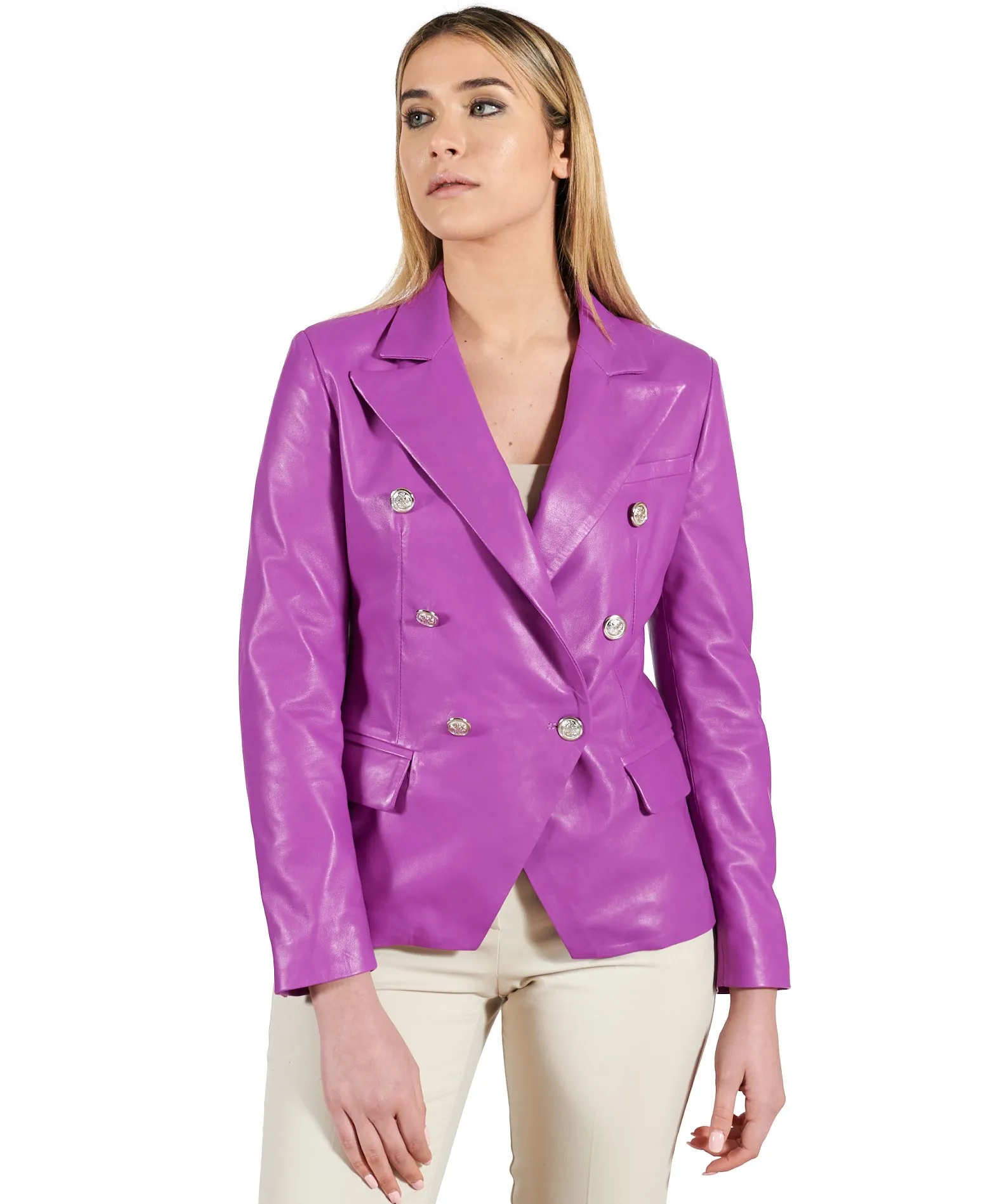 Lederjacke blazer damen lederblazer doppelreihiger lila Kelly