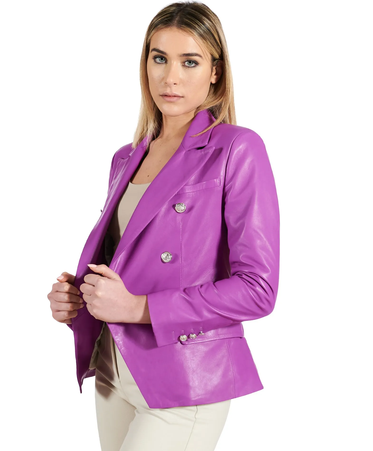 Lederjacke blazer damen lederblazer doppelreihiger lila Kelly