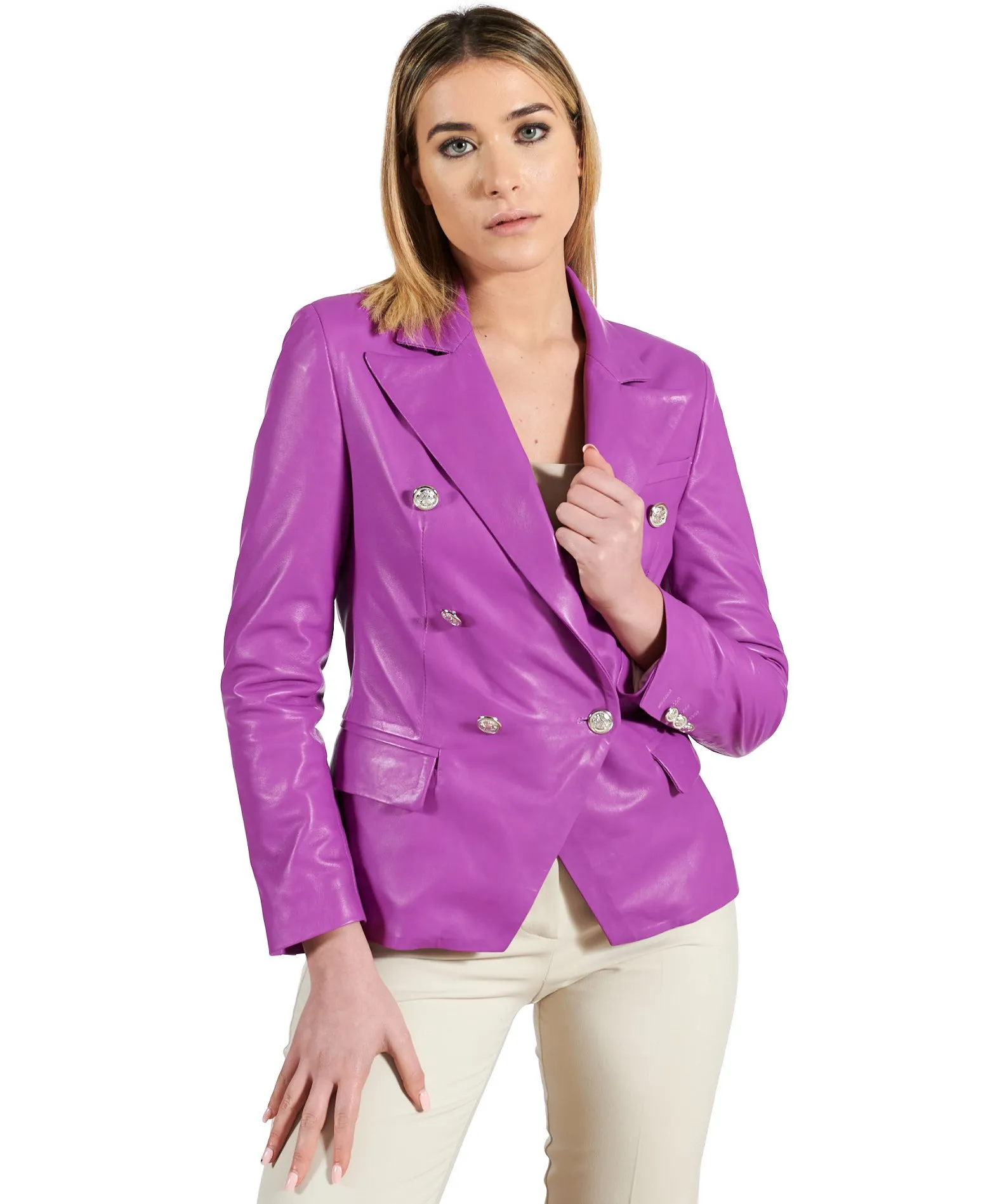 Lederjacke blazer damen lederblazer doppelreihiger lila Kelly