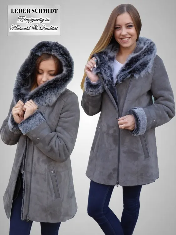 leichte Damen Lammfelljacke mit Kapuze