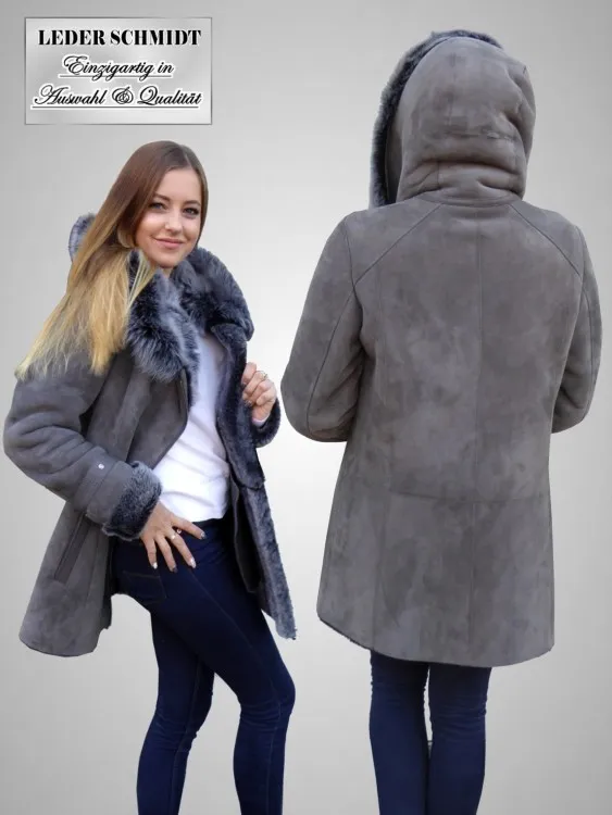 leichte Damen Lammfelljacke mit Kapuze