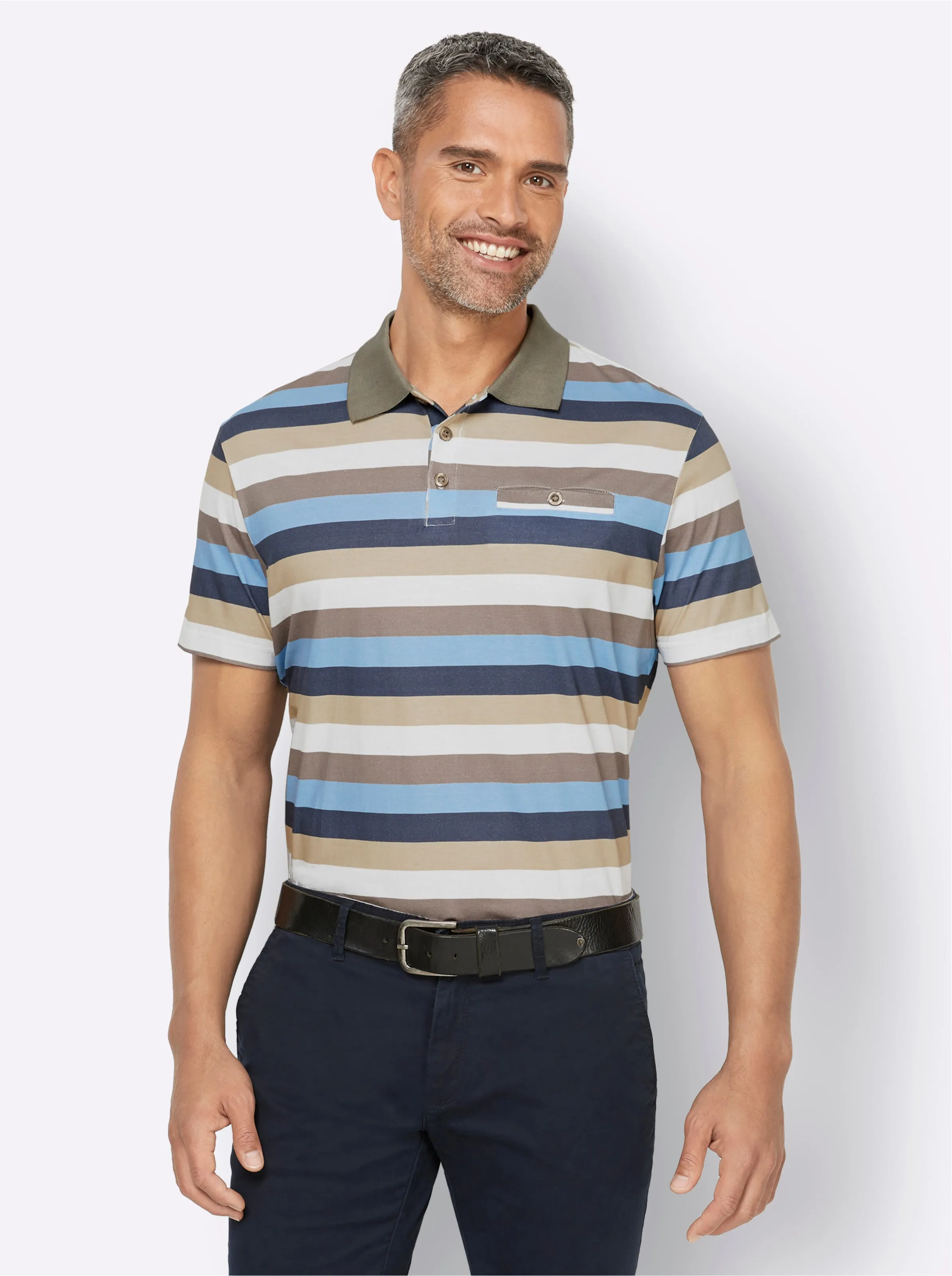 Poloshirt in taupe-beige-eisblau-gestreift