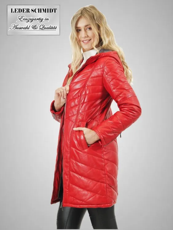 rot gesteppter Damen Lederparka mit Kapuze