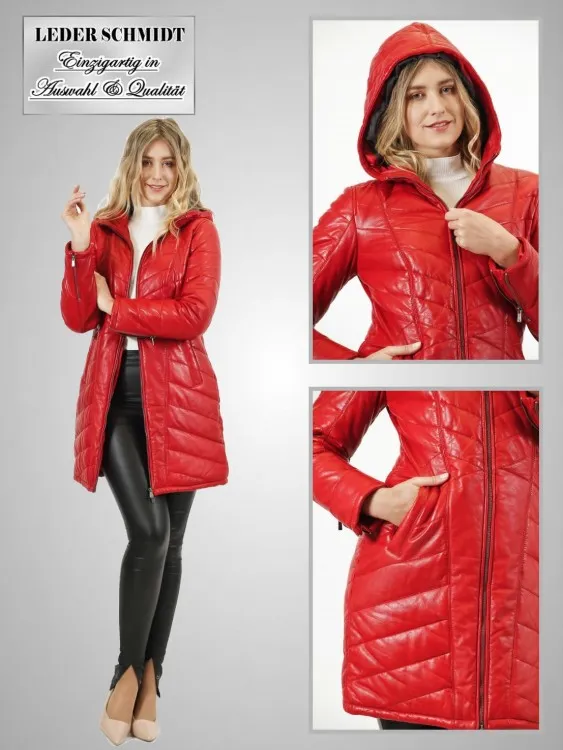 rot gesteppter Damen Lederparka mit Kapuze