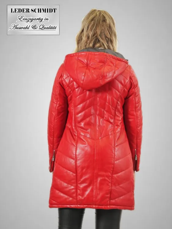 rot gesteppter Damen Lederparka mit Kapuze