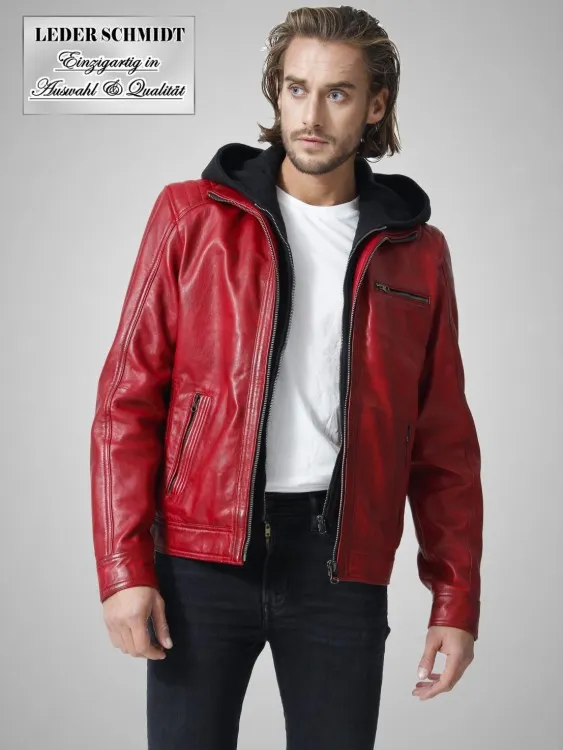 Rote Herrenlederjacke mit Kapuze