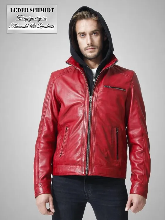 Rote Herrenlederjacke mit Kapuze