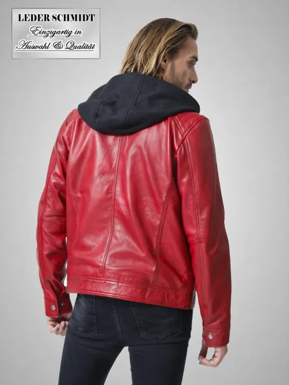 Rote Herrenlederjacke mit Kapuze