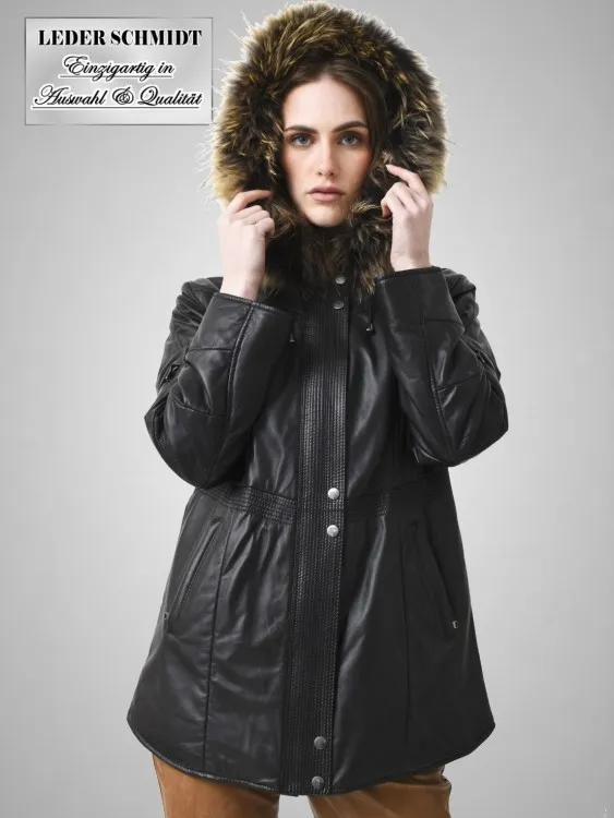 schwarzer Damen Lederparka mit Kapuze