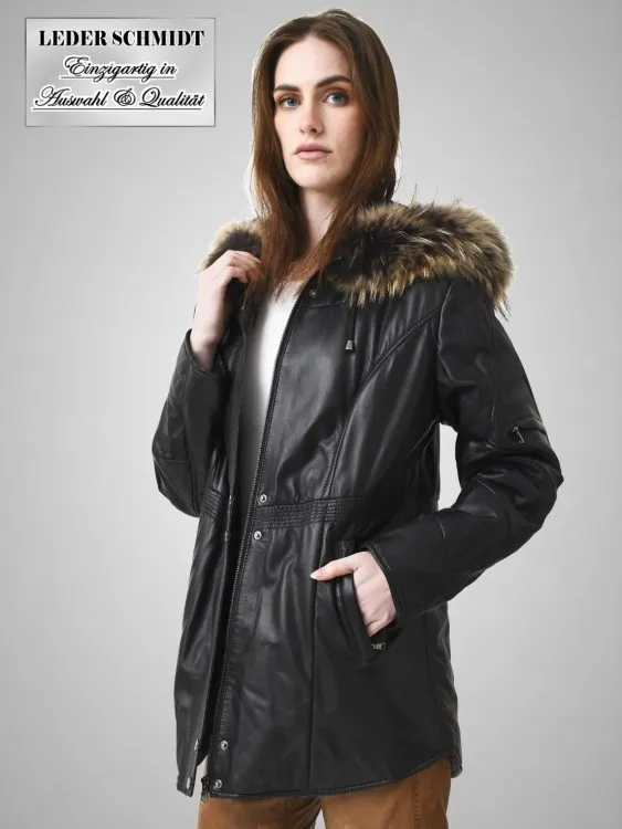 schwarzer Damen Lederparka mit Kapuze