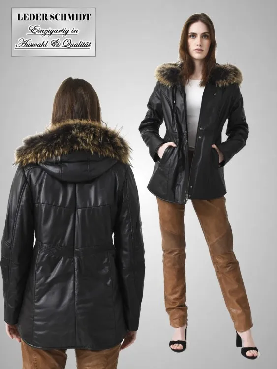 schwarzer Damen Lederparka mit Kapuze