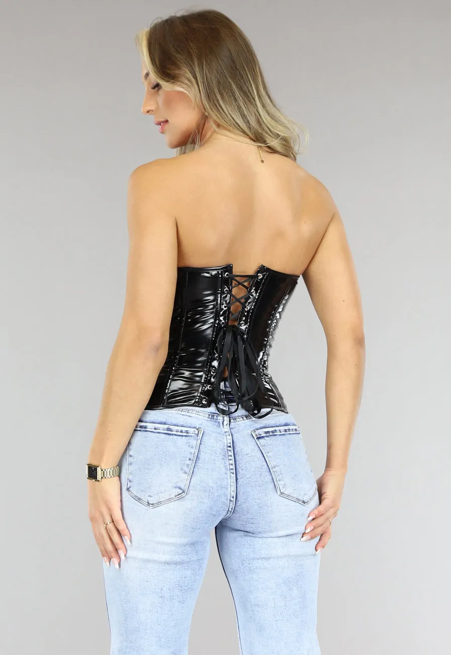 Schwarzes PVC-Korsett mit Riemen