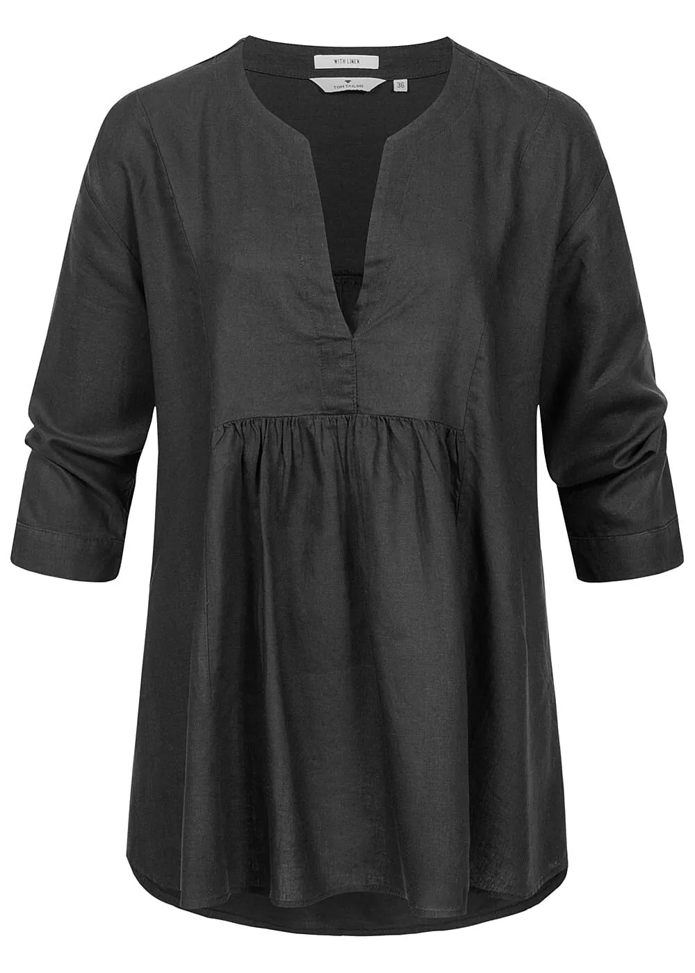 Tom Tailor Damen 3/4-Arm V-Neck Bluse Tunika Leinen Optik tief schwarz