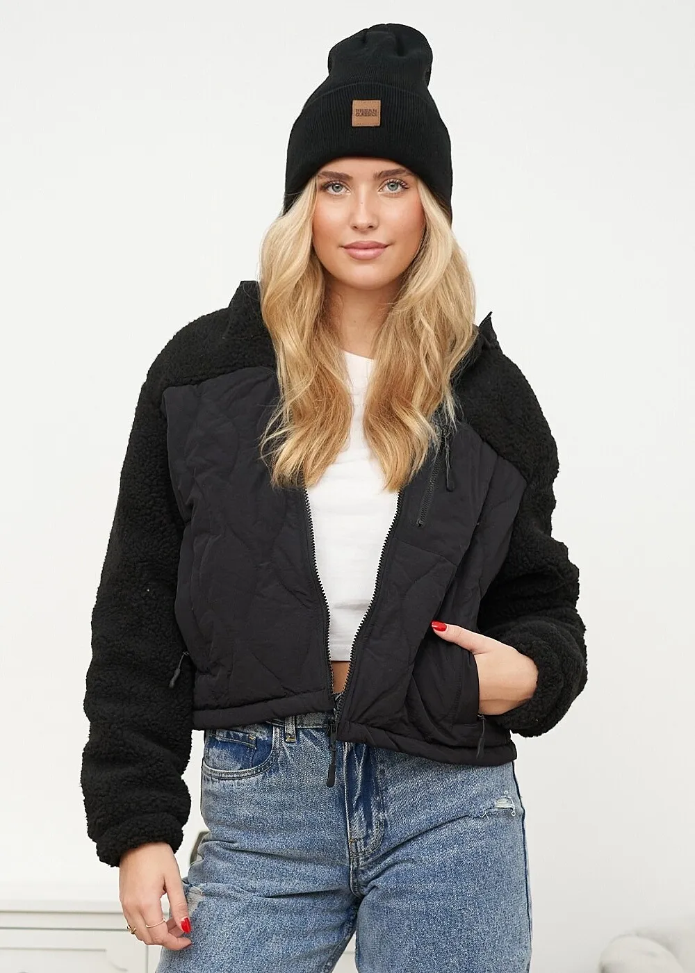 Urban Classics Damen Jacke Sherpa Nylon Mix mit Kapuze schwarz